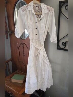 Vintage Sunshine Starshine White Cotton Lace Prairie Midi Dress Belted